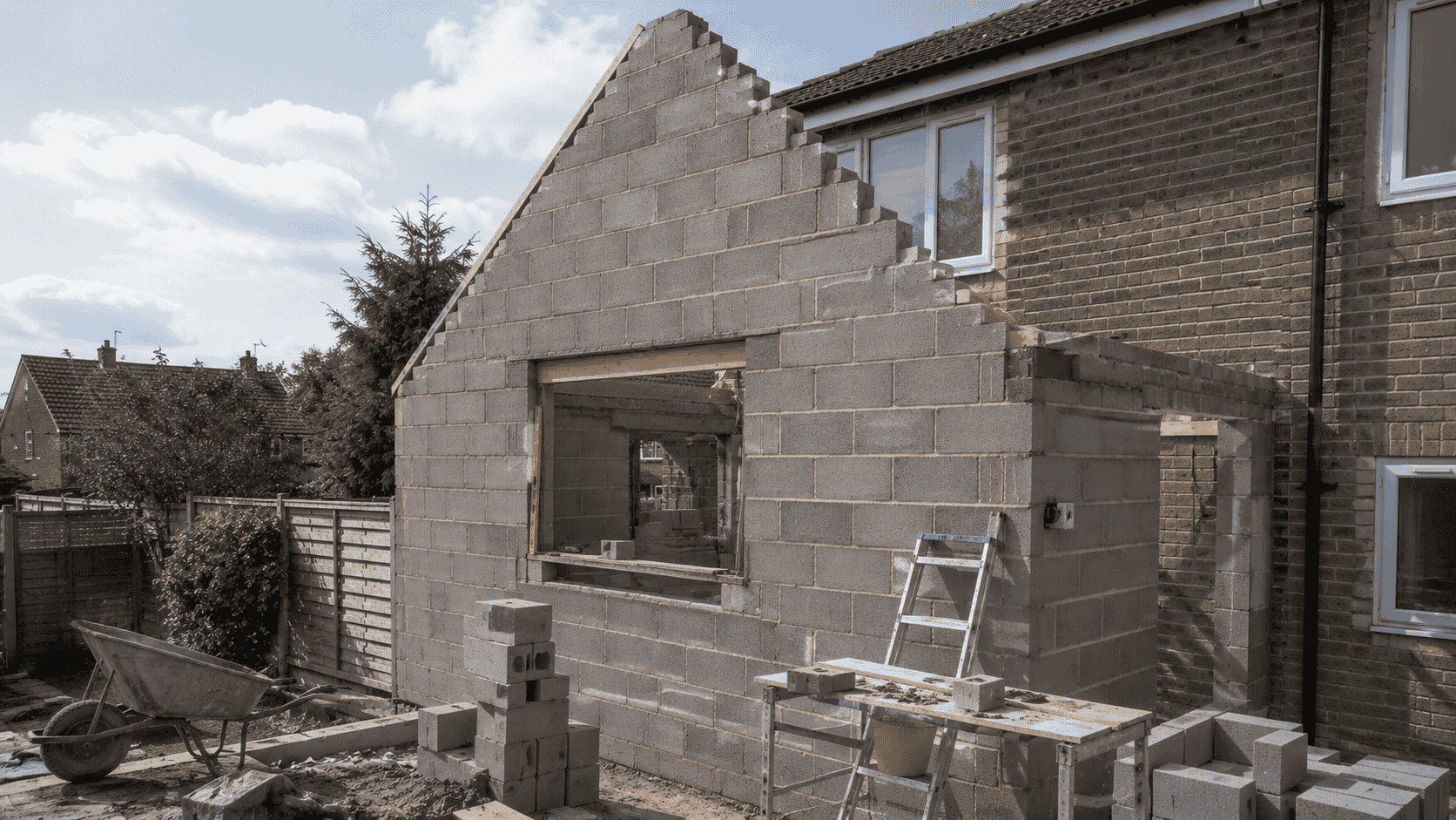 Gable end blockwork under construction on a house extension